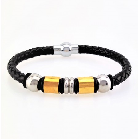 Gevlochten Zwart Leren Armband met RVS