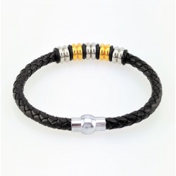 Gevlochten Zwart Leren Armband met Goudkleur-Zilverkleur RVS-Elementen