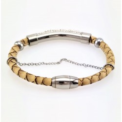 Lichtbruin Leren Armband met Ronde Stalen Hanger Strass