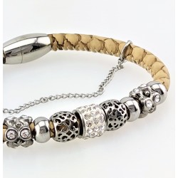 Lichtbruin Leren Armband met Stalen Elementen met Strass
