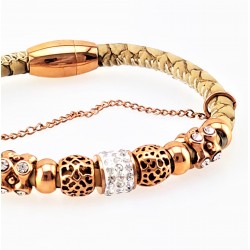 Lichtbruin Leren Armband met Roségoudkleurige Stalen Elementen