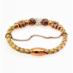 Lichtbruin Leren Armband met Roségoudkleurige Stalen Elementen