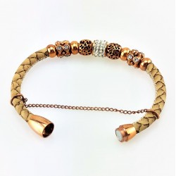 Lichtbruin Leren Armband met Roségoudkleurige Stalen Elementen