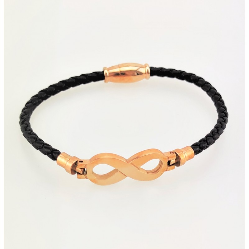 Zwart Leren Armband met Roségoudkleurig Stalen Infinity Symbool Zwart Leren Armband met Roségoudkleurig Stalen Infinity Symbool