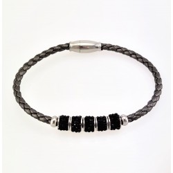 Donkergrijs Leren Armband met Zwarte Strass