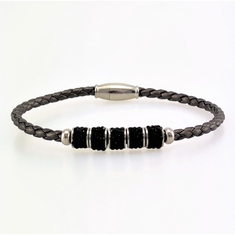 Donkergrijs Leren Armband met Zwarte Strass Donkergrijs Leren Armband met Zwarte Strass