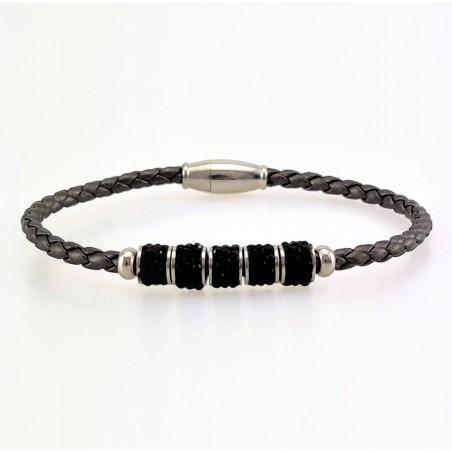 Donkergrijs Leren Armband met Zwarte Strass