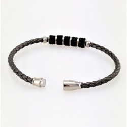 Donkergrijs Leren Armband met Zwarte Strass