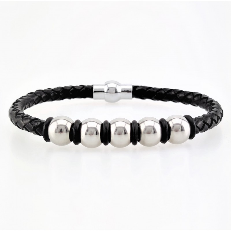 Gevlochten Zwart Leren Armband met RVS-Balletjes Gevlochten Zwart Leren Armband met RVS-Balletjes