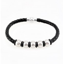 Gevlochten Zwart Leren Armband met RVS-Balletjes