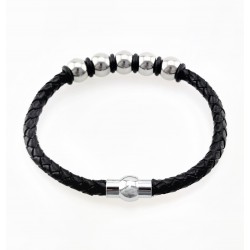 Gevlochten Zwart Leren Armband met RVS-Balletjes