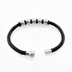 Gevlochten Zwart Leren Armband met RVS-Balletjes