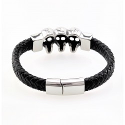 Gevlochten Leren Armband met RVS 3-Schedels