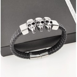 Gevlochten Leren Armband met RVS 3-Schedels