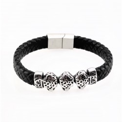 Zwart Gevlochten Leren Armband met RVS 3-Luipaarden