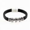 Zwart Gevlochten Leren Armband met RVS 3-Luipaarden