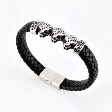 Zwart Gevlochten Leren Armband met RVS 3-Luipaarden