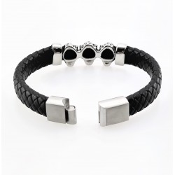 Zwart Gevlochten Leren Armband met RVS 3-Luipaarden