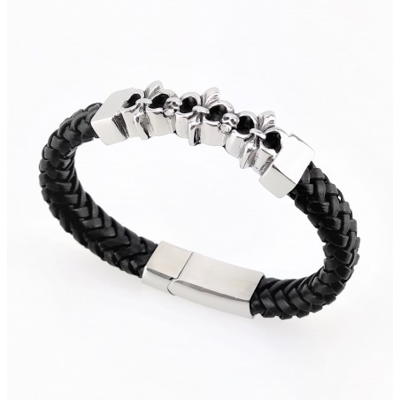 Zwart Gevlochten Leren Armband met RVS 3-Lelie Bloem