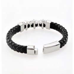 Zwart Gevlochten Leren Armband met RVS 3-Lelie Bloem