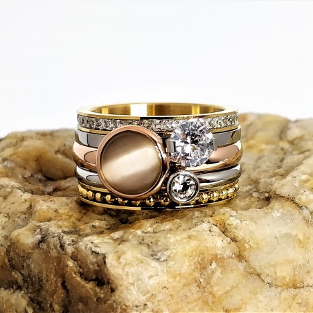 XXL Ring Dames - Zirkonia - Bruin Kattenoogsteen - Multicolor Stalen