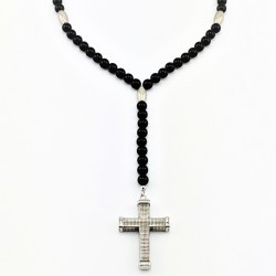 Glanzende Onyx Kralen Ketting met RVS Kruis