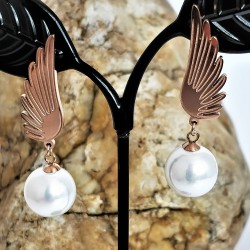 Roségoudkleur RVS Engelenvleugels-Hoorhangers met Parel