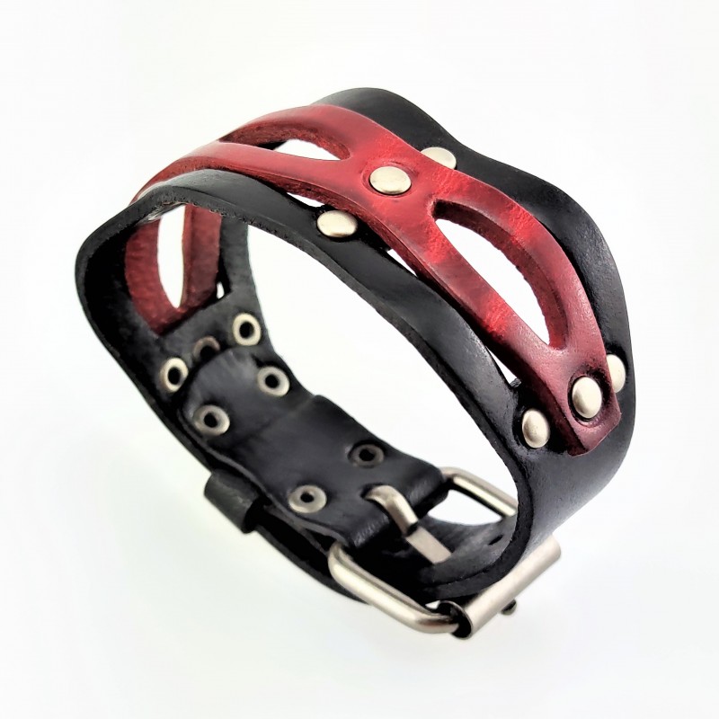 Brede Armband van Zwart/Rood Buffelleer Brede Armband van Zwart/Rood Buffelleer
