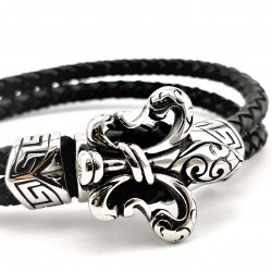 Dubbele Leren Armband met Roestvrijstalen Fleur de Lis