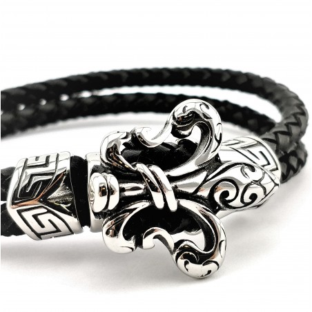 Dubbele Leren Armband met Roestvrijstalen Fleur de Lis