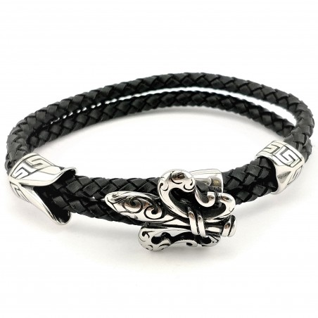 Dubbele Leren Armband met Roestvrijstalen Fleur de Lis
