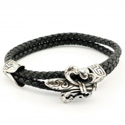 Dubbele Leren Armband met Roestvrijstalen Fleur de Lis