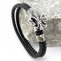 Dubbele Leren Armband met Roestvrijstalen Fleur de Lis