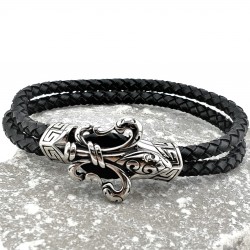 Dubbele Leren Armband met Roestvrijstalen Fleur de Lis