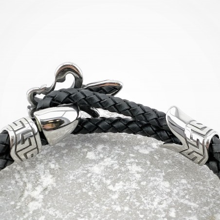 Dubbele Leren Armband met Roestvrijstalen Fleur de Lis