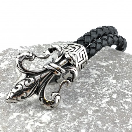 Dubbele Leren Armband met Roestvrijstalen Fleur de Lis