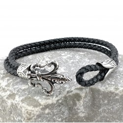 Dubbele Leren Armband met Roestvrijstalen Fleur de Lis
