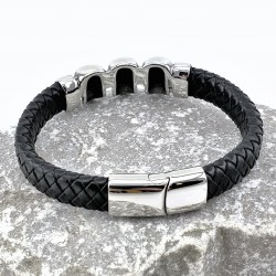 Gevlochten Leren Armband met RVS 3-Schedels-Plaat