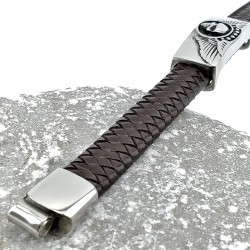 Donkerbruin Gevlochten Leren Armband met RVS-Hanger