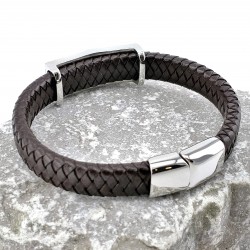 Donkerbruin Gevlochten Leren Armband met RVS-Hanger