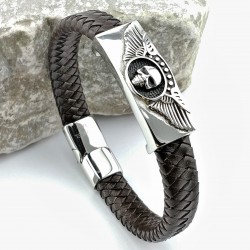 Donkerbruin Gevlochten Leren Armband met RVS-Hanger