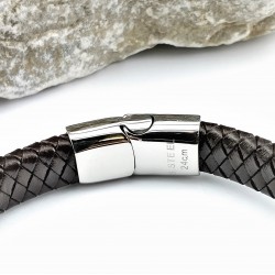 Donkerbruin Gevlochten Leren Armband met RVS-Hanger