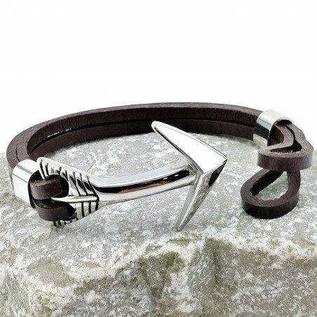 Donkerbruine Leren Armband met 316L RVS-Anker