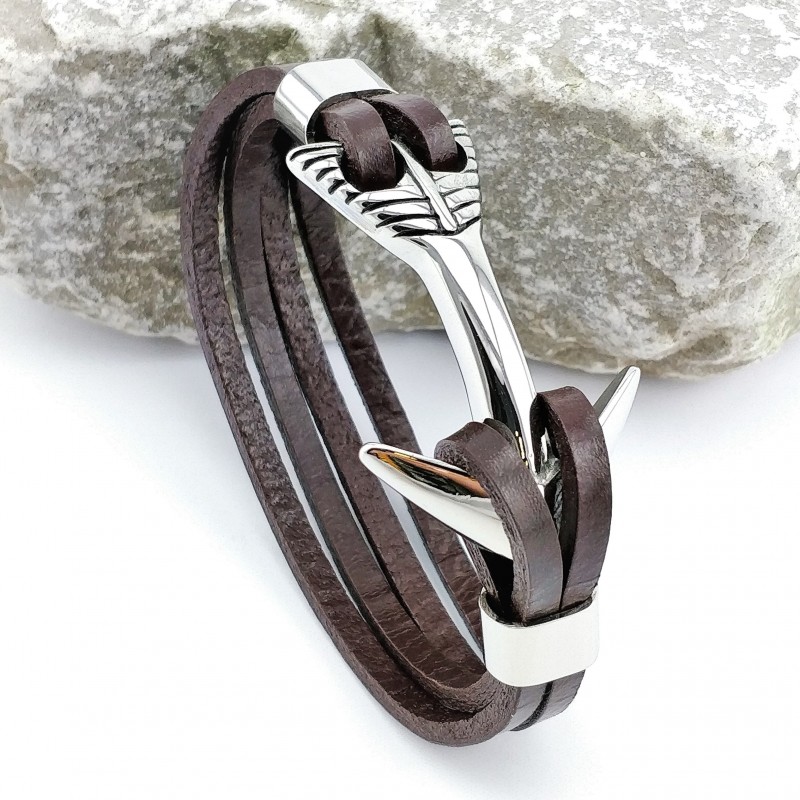 Donkerbruine Leren Armband met 316L RVS-Anker