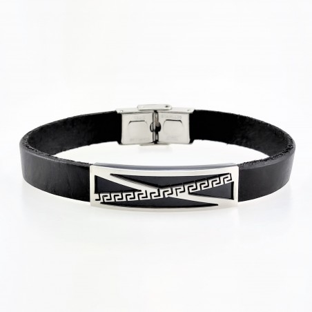 Zwart Leren Armband met Grieks Design Plaatje