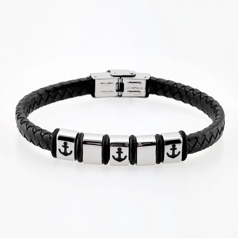 Zwart Gevlochten Leren Armband met Ankers Zwart Gevlochten Leren Armband met Ankers