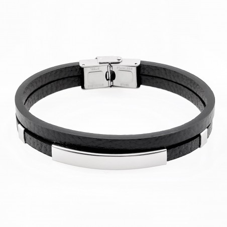 Dubbele Zwart Leren Armband met Plaat