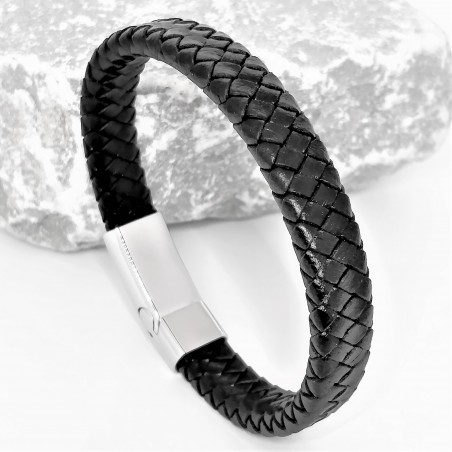 Brede Zwart Gevlochten Leren Armband