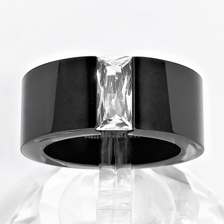 Zwarte Roestvrijstalen Ring met Rechthoekig Zirkonia
