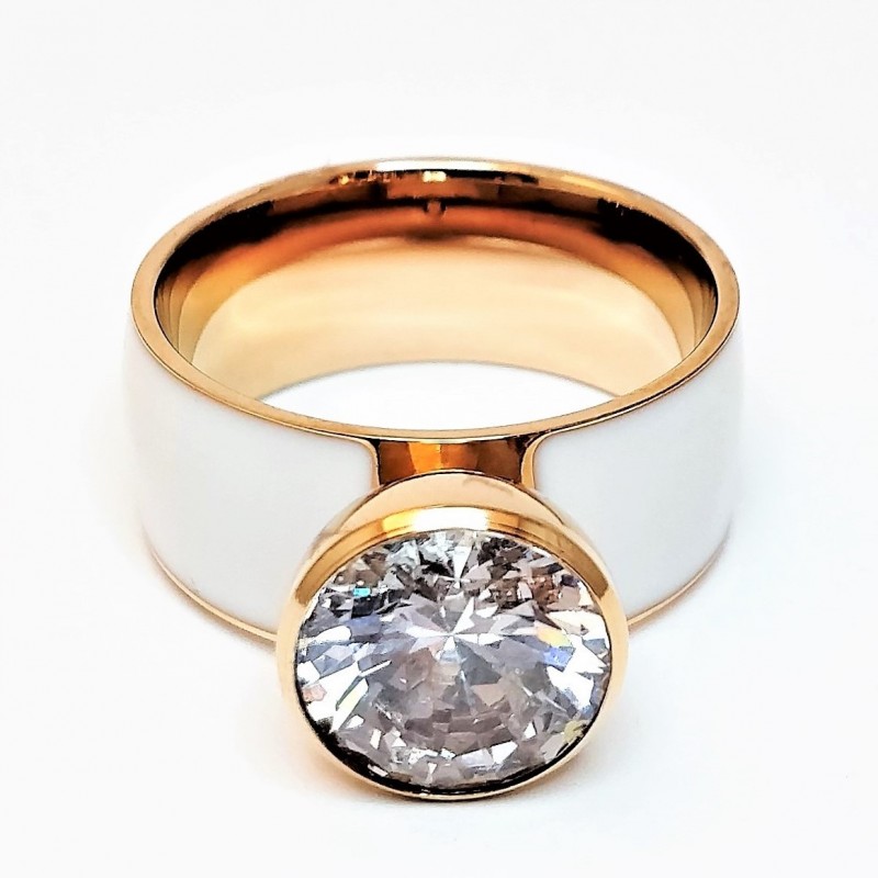 Roségoudkleurige Stalen & Witte Keramische Ring met Geschroefde Zirkonia